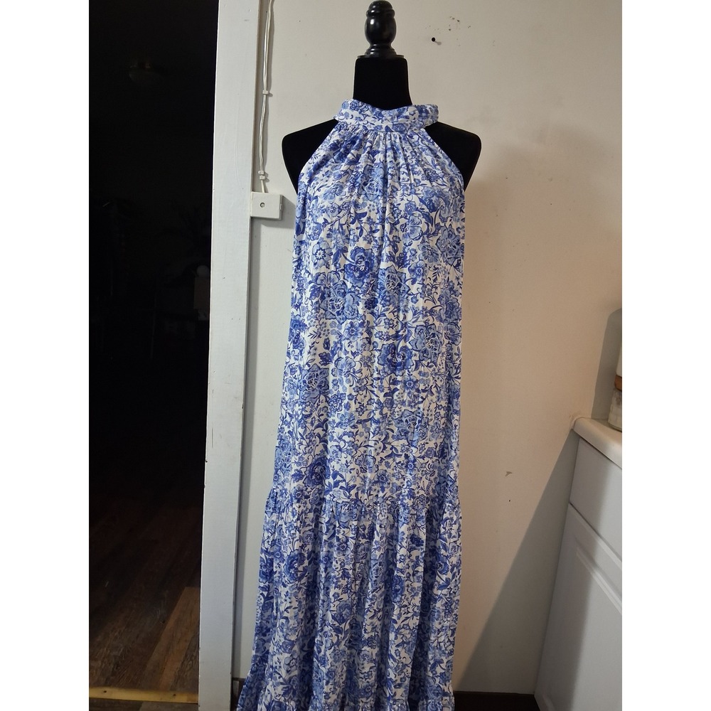 1.STATE Womens Blue White Floral Toile Halter Tiered Maxi Dress Size Medium